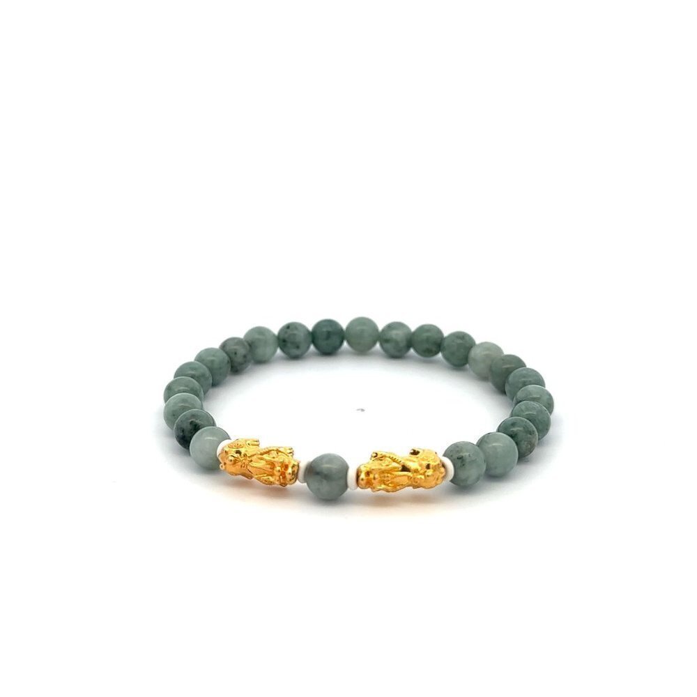 18K Gold Dragon Pixiu Double Piyao Charm Bracelet Gemstones Burmese Jade 6mm